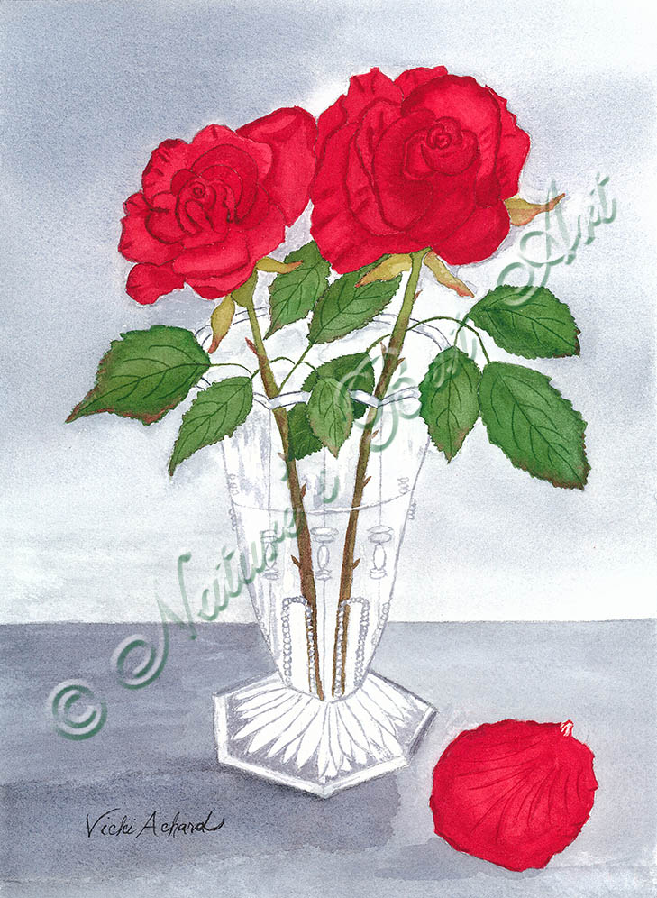 design # 288 "Roses in September" Original watercolor - $75 matted to fit 11x14" frame - 7¾x10¾ image on 9x12" cold press watercolor paper, signed in pen