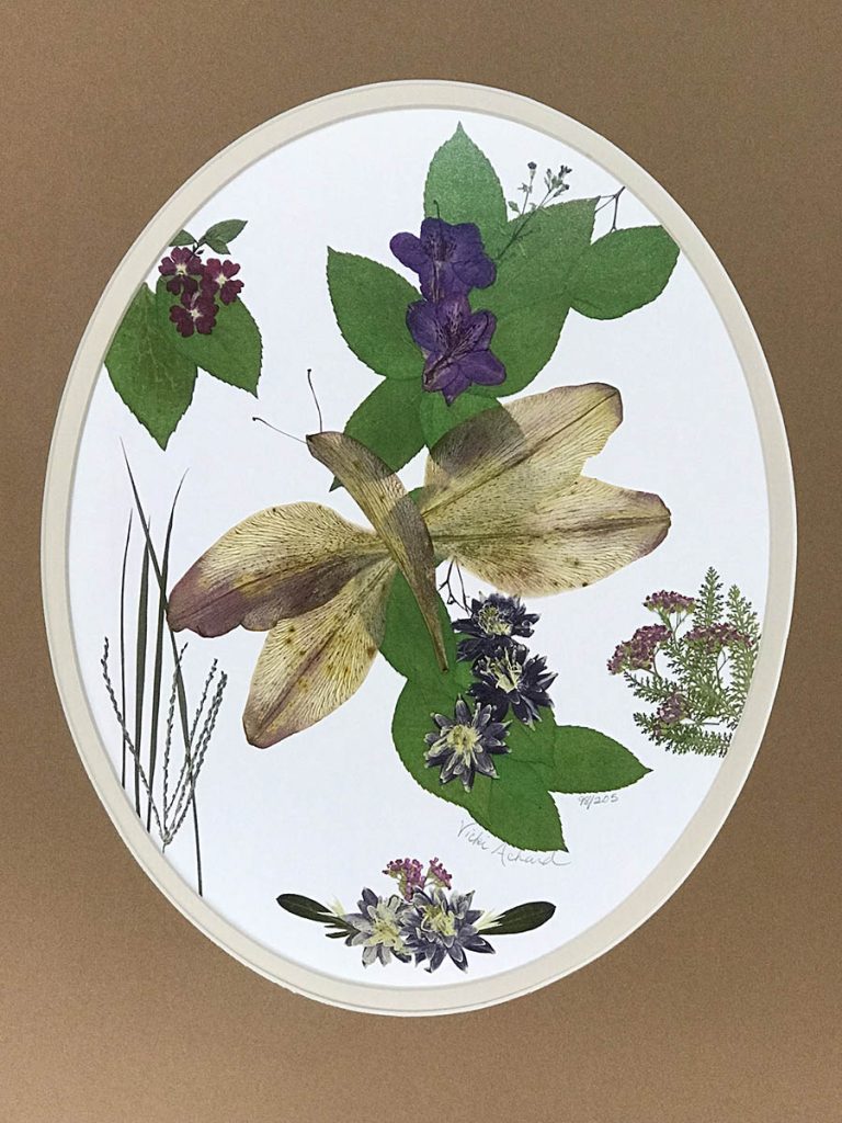 Pressed Floral print of dragonfly with leaves and flowers - oval matted brown sugar outer mat and off-white inner mat - edition 98 of 205