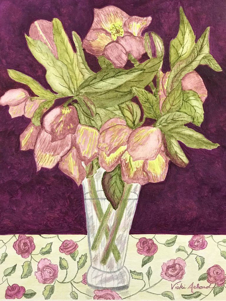 Watercolor drawing of vase with Helleborus (Spring Rose) flowers with deep purple background
