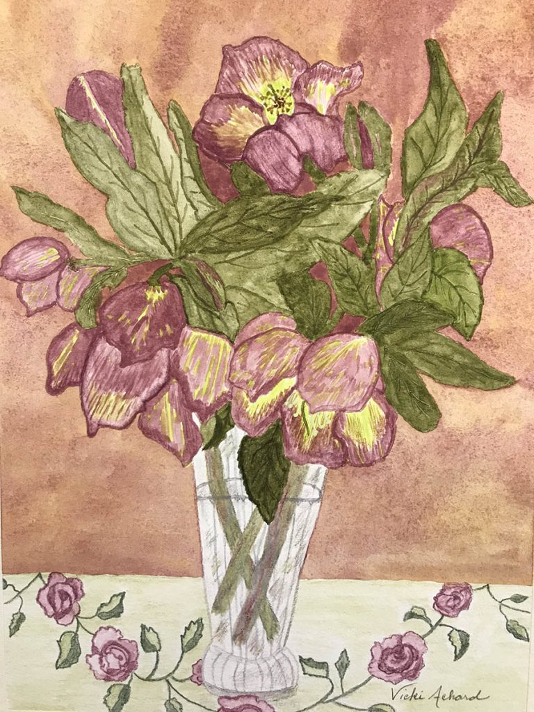 Watercolor drawing of vase with Helleborus (Spring Rose) flowers with pale orange background