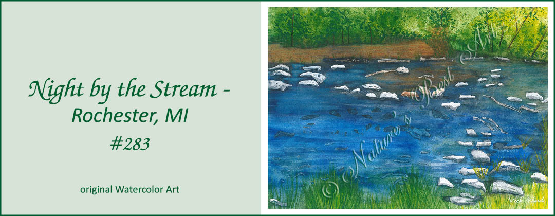 watercolor painting of a stream with rocks