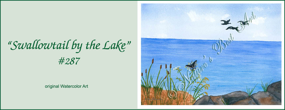 watercolor painting of swallowtail butterflies by a lake with rocks and cattails