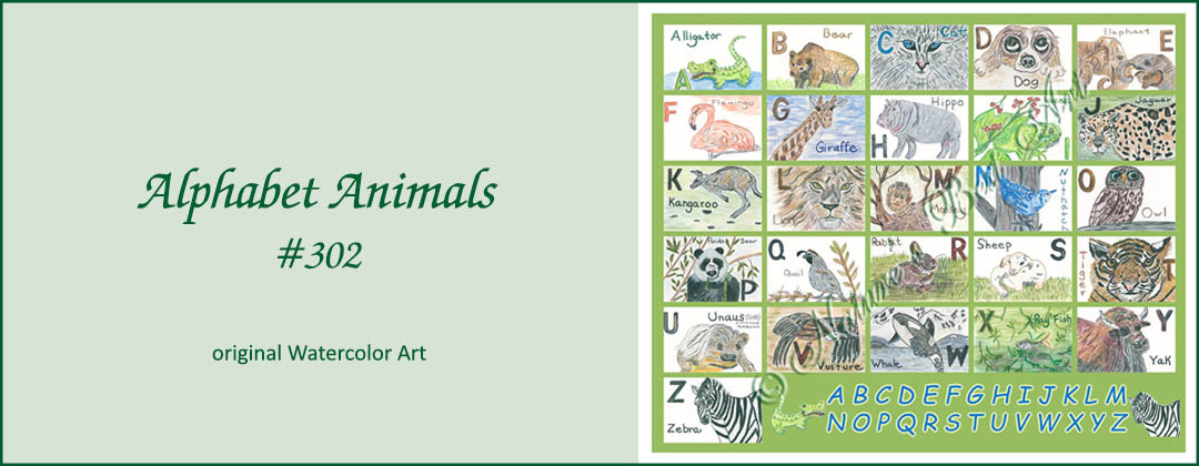 26 animal watercolor paintings on an alphabet grid